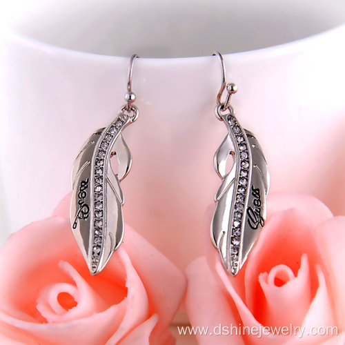 Rhinestone Alloy Feather Earrings With Words Silver Earrings